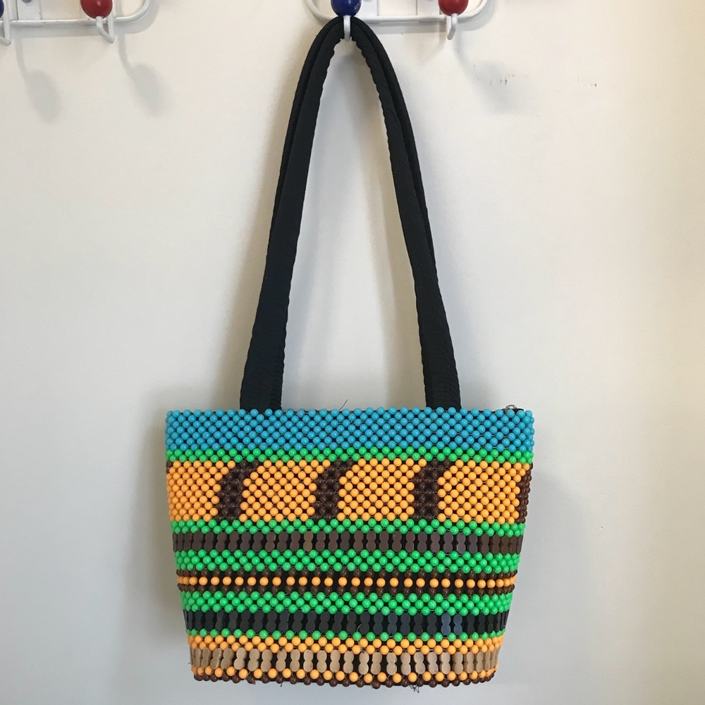 Neon plastic and wooden beads purse
